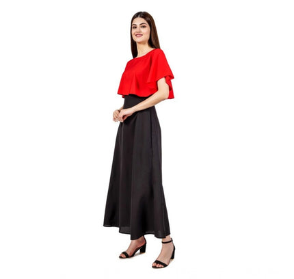 Women's Casual Crepe Sleeveless Cape Dress (Red)