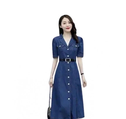 Women's Casual Denim Half Sleeves Dress (Blue)