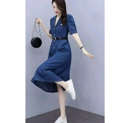 Women's Casual Denim Half Sleeves Dress (Blue)