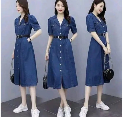Women's Casual Denim Half Sleeves Dress (Blue)