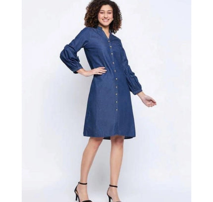 Women's Casual Denim Full sleeve Dress (Blue)