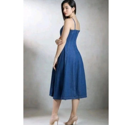 Women's Casual Denim Sleeveless Dress (Blue)