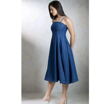 Women's Casual Denim Sleeveless Dress (Blue)