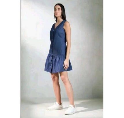 Women's Casual Denim Sleeveless Dress (Blue)