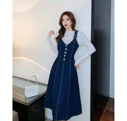 Women's Casual Denim Sleeveless Dress (Blue)