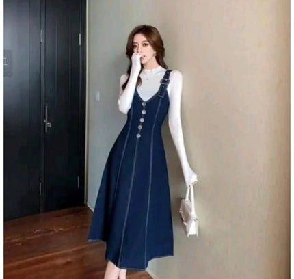 Women's Casual Denim Sleeveless Dress (Blue)