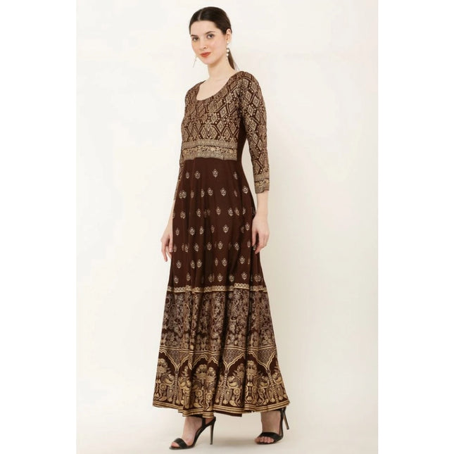Women's Casual Rayon 3-4th Sleeves Anarkali Kurti (Brown)