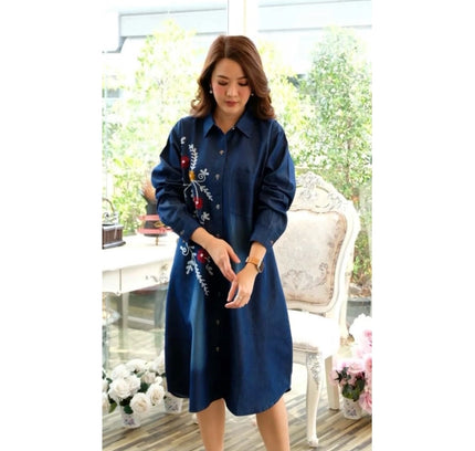 Women's Casual Denim Full sleeve Dress (Blue)