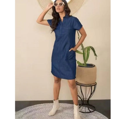 Women's Casual Denim Half Sleeves Dress (Blue)