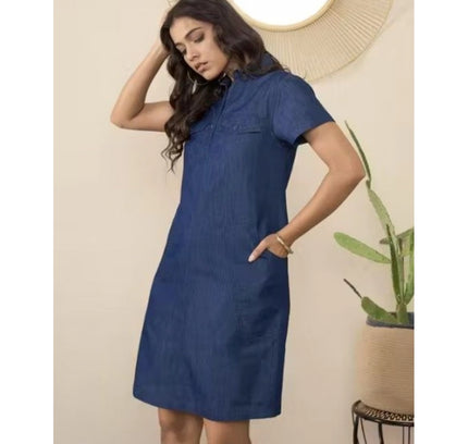 Women's Casual Denim Half Sleeves Dress (Blue)