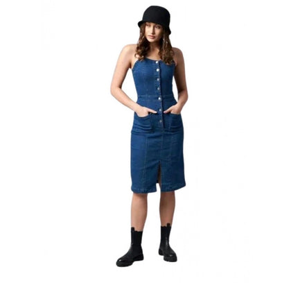 Women's Casual Denim Sleeveless Dress (Blue)