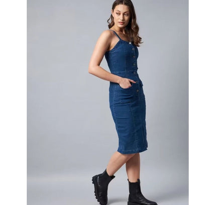 Women's Casual Denim Sleeveless Dress (Blue)