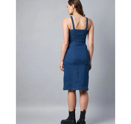 Women's Casual Denim Sleeveless Dress (Blue)