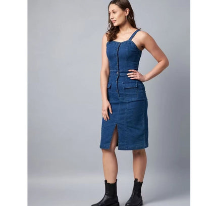 Women's Casual Denim Sleeveless Dress (Blue)