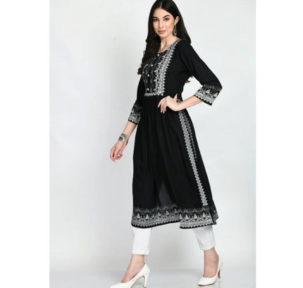 Women's Casual Rayon 3-4th Sleeves Kurti (Black)