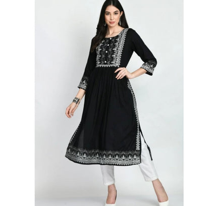 Women's Casual Rayon 3-4th Sleeves Kurti (Black)