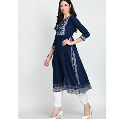 Women's Casual Rayon 3-4th Sleeves Kurti (Blue)