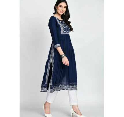 Women's Casual Rayon 3-4th Sleeves Kurti (Blue)