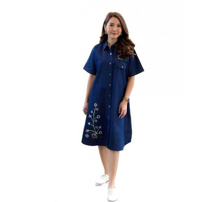 Women's Casual Denim Half Sleeves Dress (Blue)