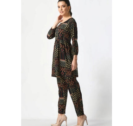 Women's Casual Crepe 3-4th Sleeves Cord Set (Black)