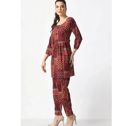 Women's Casual Crepe 3-4th Sleeves Cord Set (Maroon)