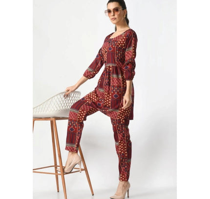 Women's Casual Crepe 3-4th Sleeves Cord Set (Maroon)