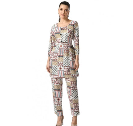 Women's Casual Crepe 3-4th Sleeves Cord Set (White)