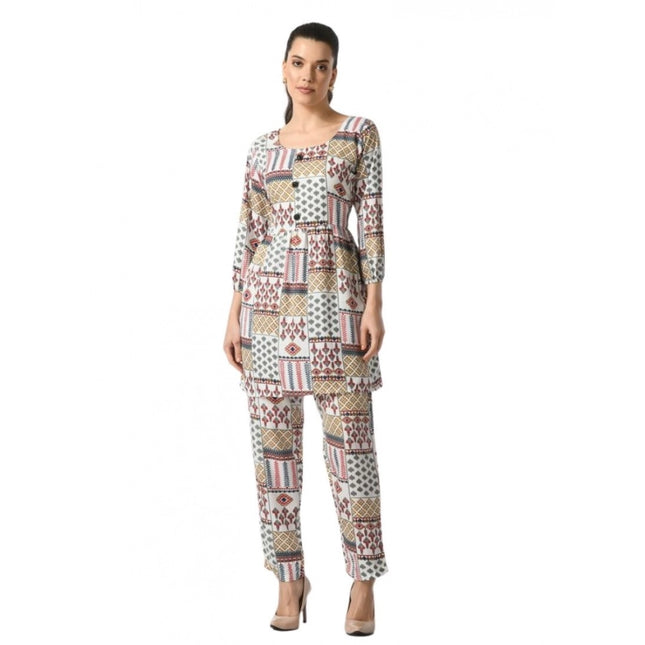 Women's Casual Crepe 3-4th Sleeves Cord Set (White)