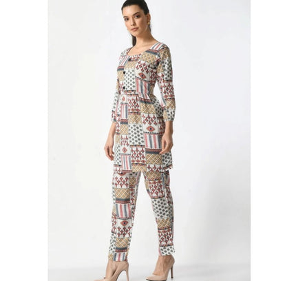 Women's Casual Crepe 3-4th Sleeves Cord Set (White)